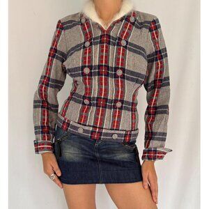 vintage handmade multicolor plaid angora trim unique folky fitted shirt blouse